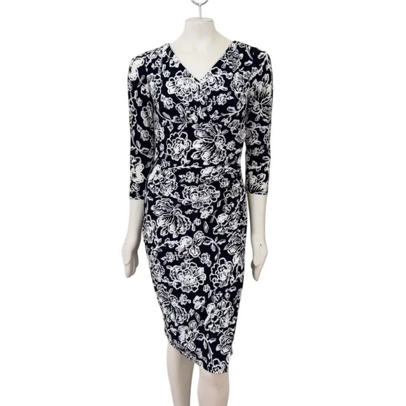 RALPH LAUREN Floral Print Faux Wrap Sheath Dress in Black & White SZ 8 - Picture 10 of 10